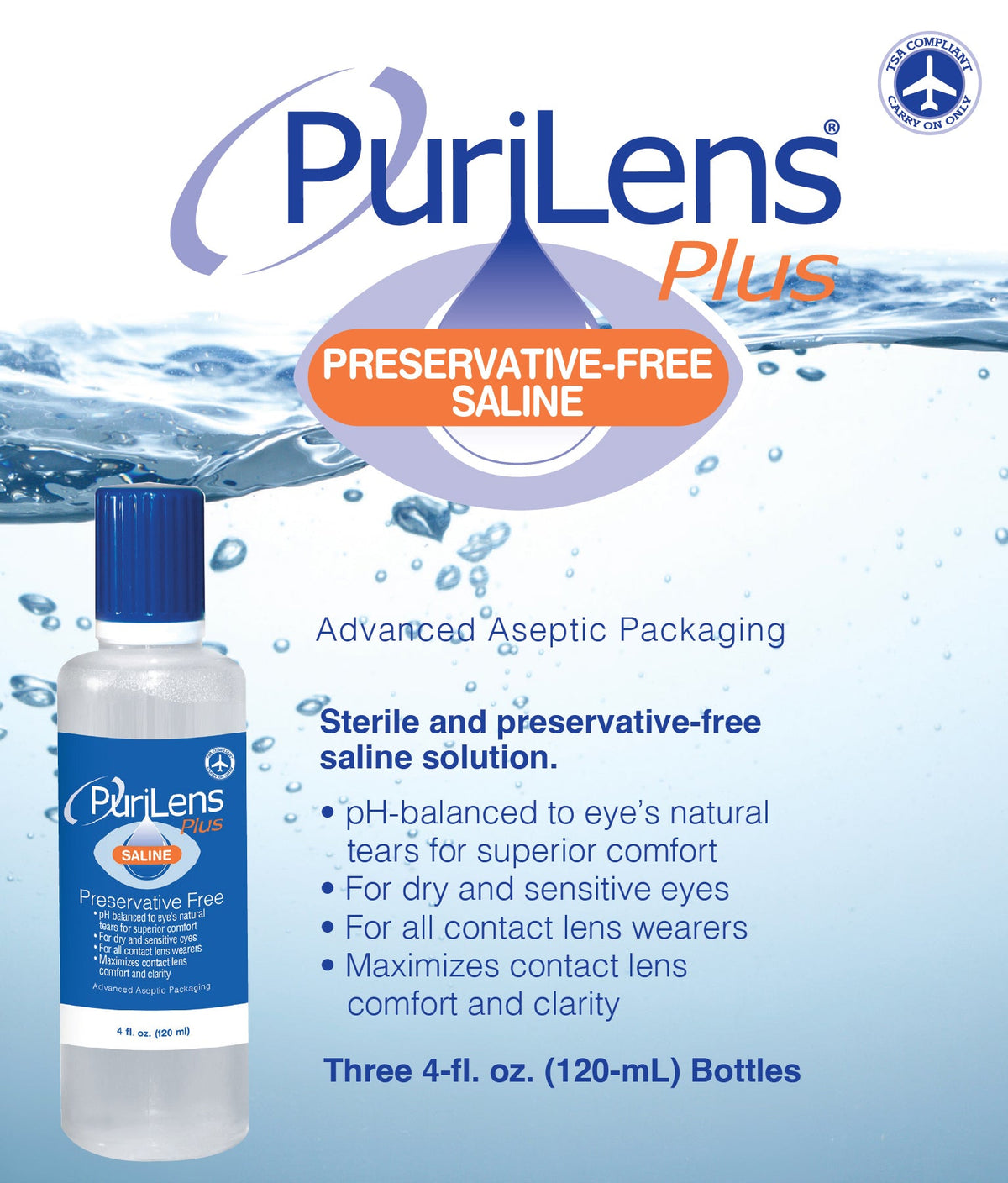 PuriLens Plus Preservative-Free Saline 120ml (4 fl. oz.) 3 Pack