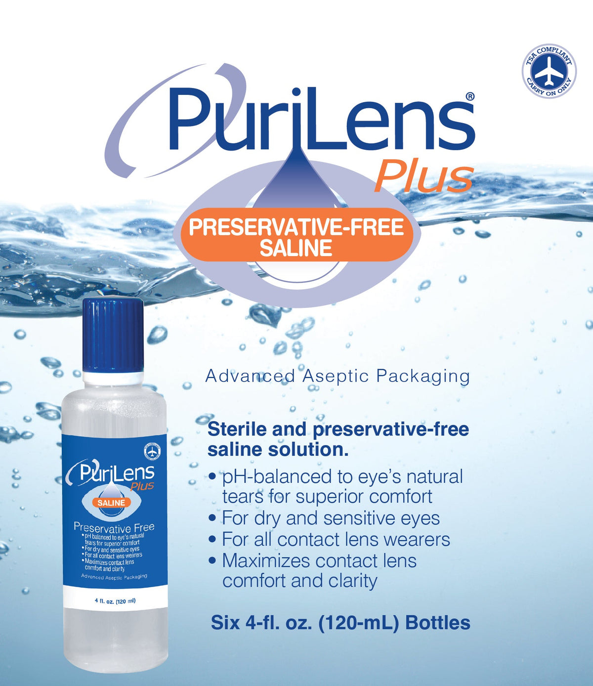 PuriLens Plus Preservative-Free Saline 120ml (4 fl. oz.) 6 Pack